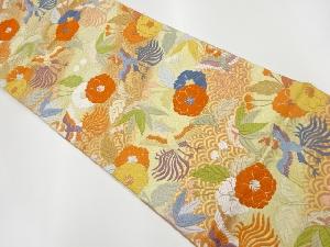 唐織鳳凰に花々・青海波模様織出し袋帯